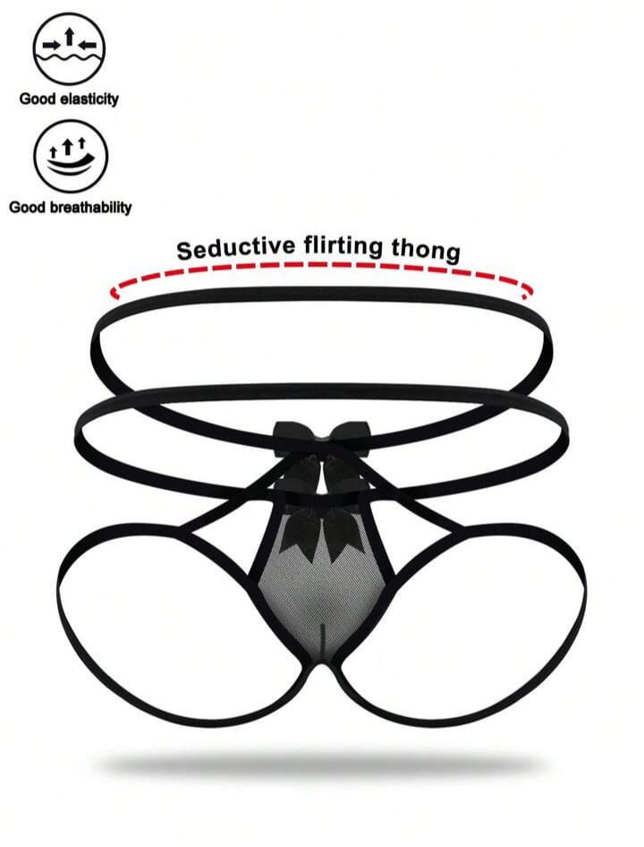 Energetic Black Bow Tie Alluring Mysterious Black Hollow Mesh Men's Lingerie